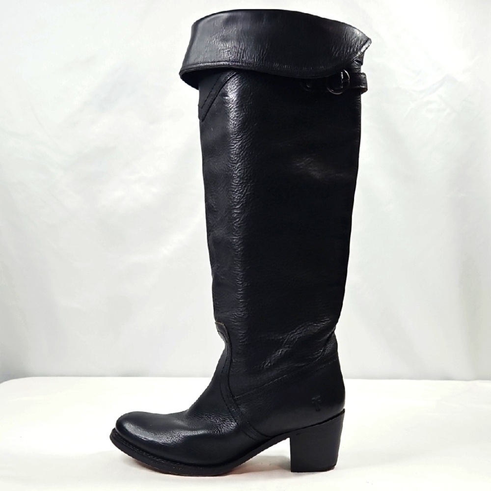 Frye Womens Black Leather Tall Cuff Jane Block Heel Boots 77595 Size 8.5